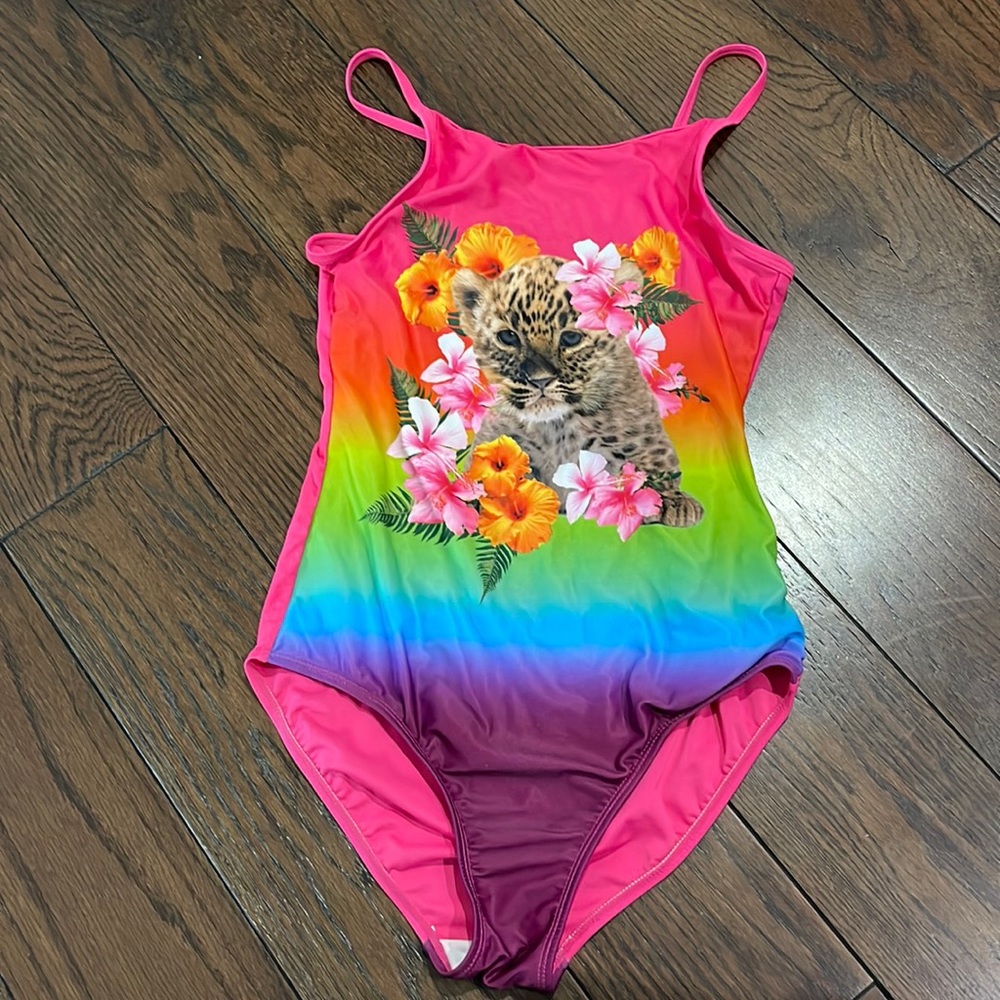 1989 place kids one-piece swimsuit. Pink with floral cat design. Size XL (14)